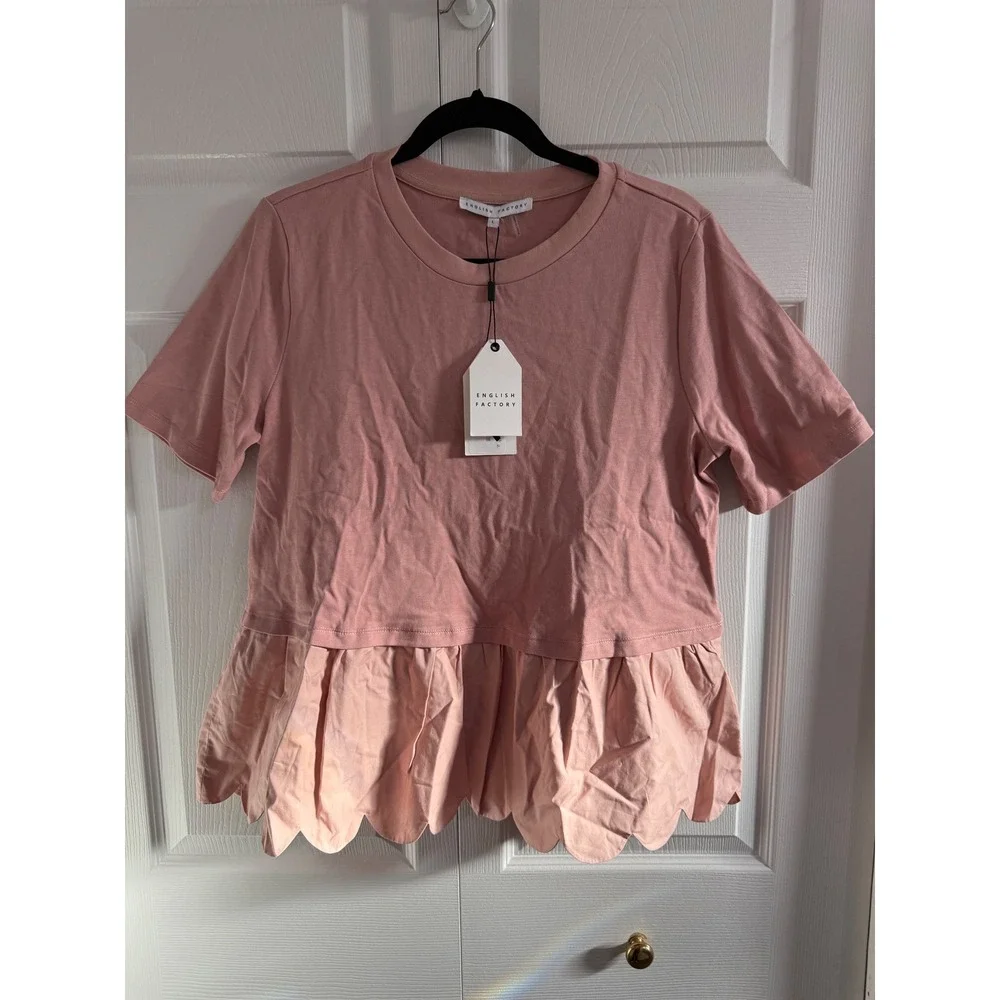 ENGLISH FACTORY Pink Scallop Trim Peplum Top Short Sleeve Crew Neck Women Size S - Picture 3 of 7